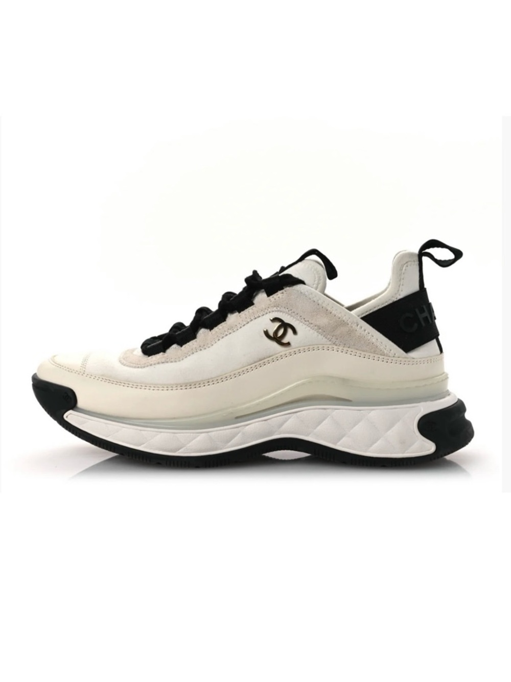 CHANEL White & Black Quilted-Trim Sneaker with CC Logo